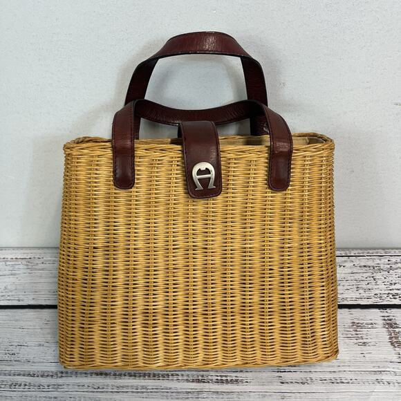 Vintage 80's ETIENNE AIGNER Wicker Leather Handles Basket Bag Handbag Purse - Picture 2 of 15